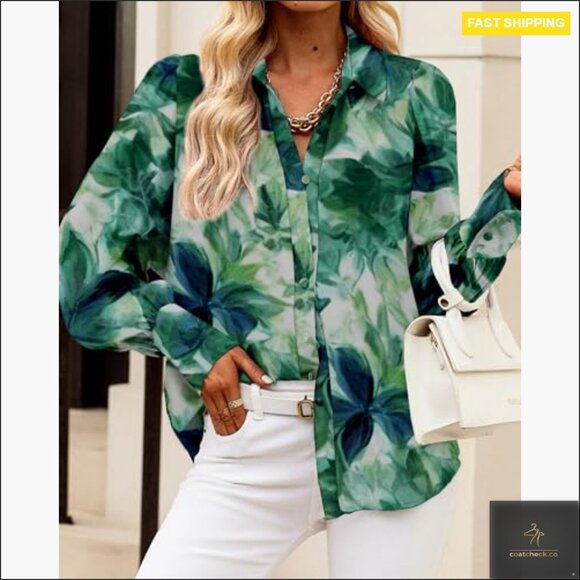 Long Sleeve V-Neck Button Down Blouse, Boho Print, Relaxed Fit, Dressy Casual - Picture 5 of 7